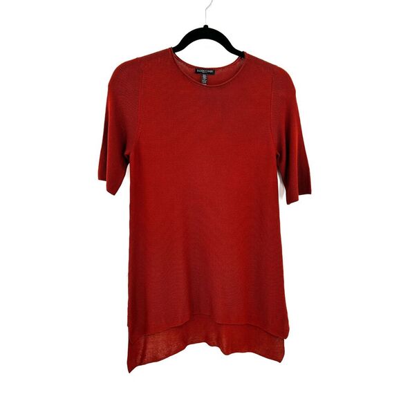 EILEEN FISHER Brick Red 100% Tencel Knit Drapey High Low Top Small Petite - Picture 2 of 10